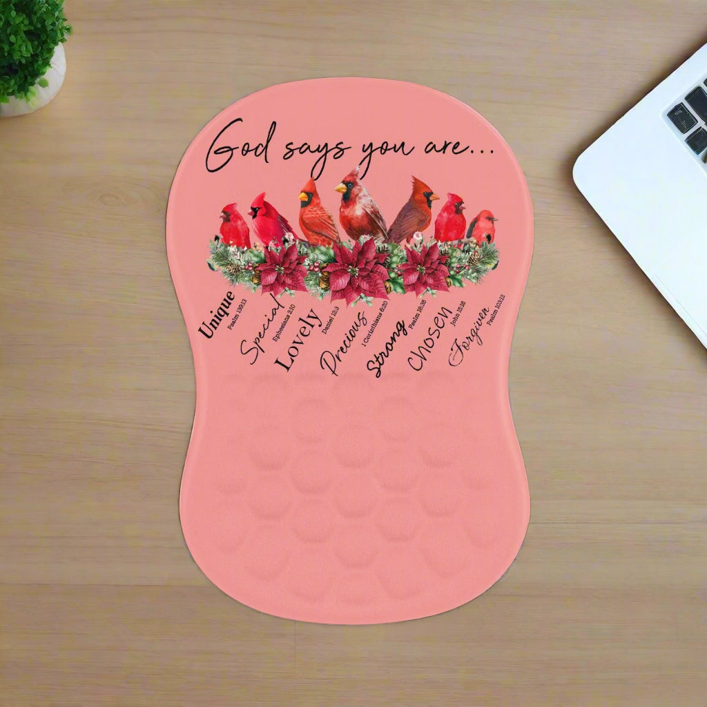 God Says You Are | Cardinal Mouse Pad – Faith-Inspired Design with Wrist Support - Kim’s Signature Beauty & Accessories (Store description)