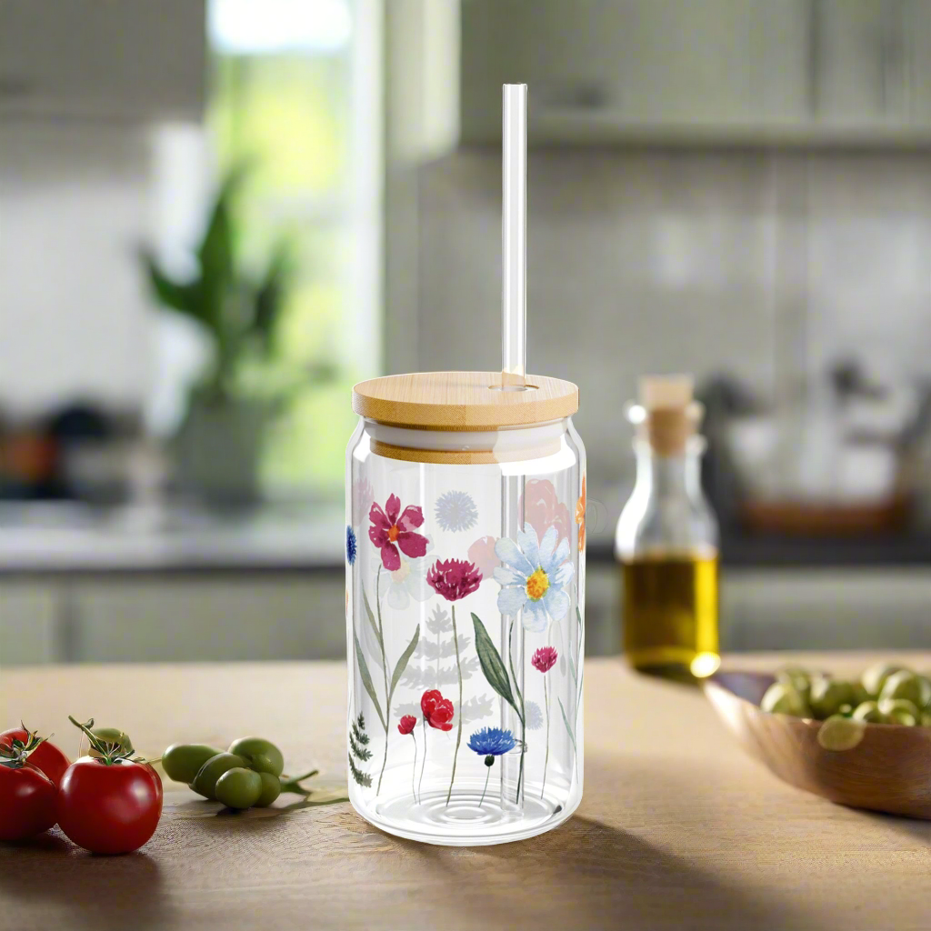 Summer Flowers Sipper Glass, 16oz - Kim’s Signature Beauty & Accessories