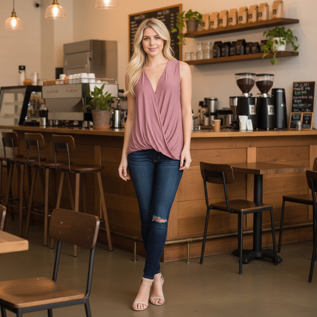 Woman wearing a pink sleeveless top and blue jeans on a white background