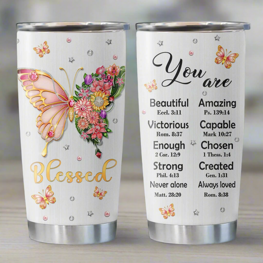Blessed Butterfly Christian Tumbler – 20oz of Inspiration & Strength - Kim’s Signature Beauty & Accessories (Store description)