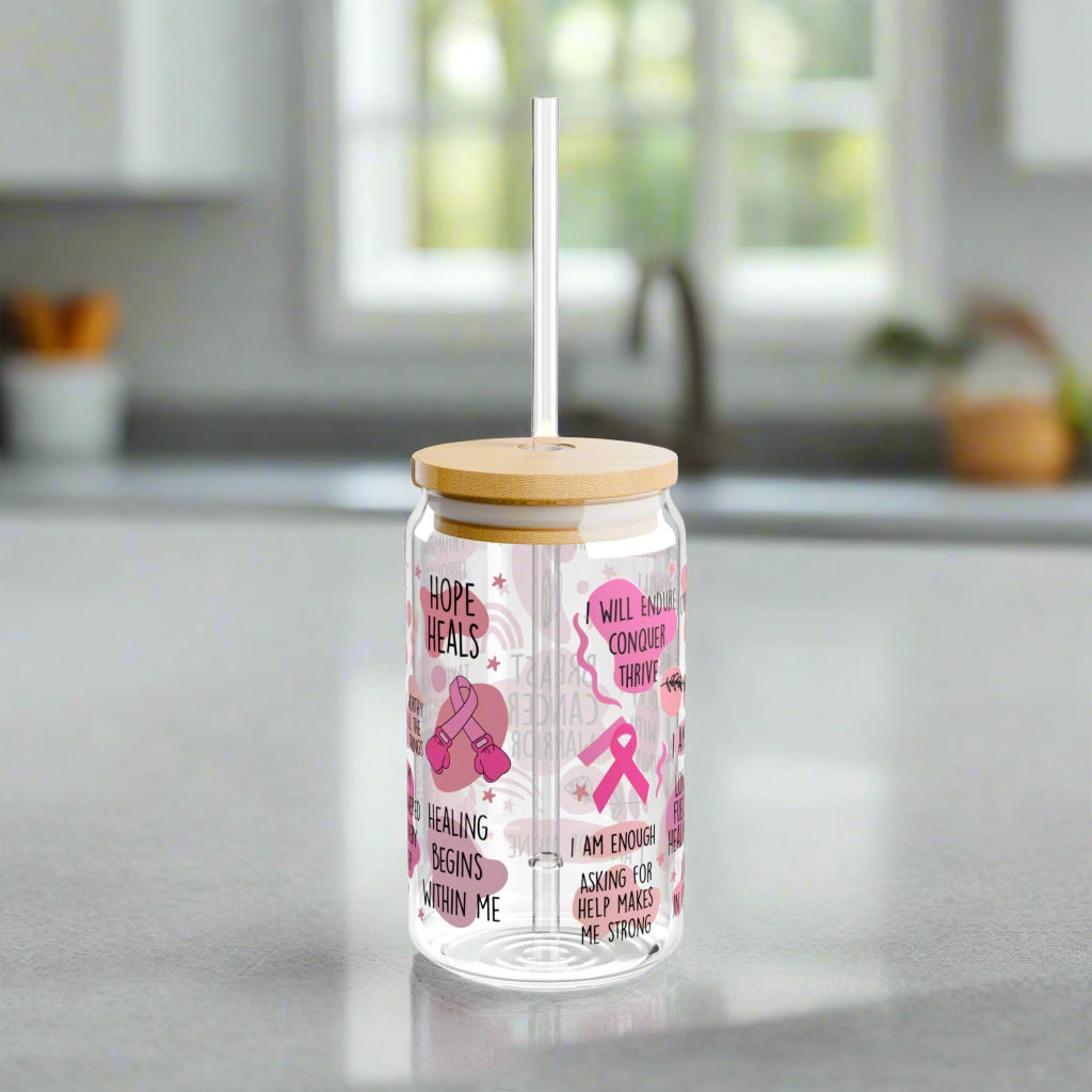 Breast Cancer Warrior Sipper Glass, 16oz - Kim’s Signature Beauty & Accessories