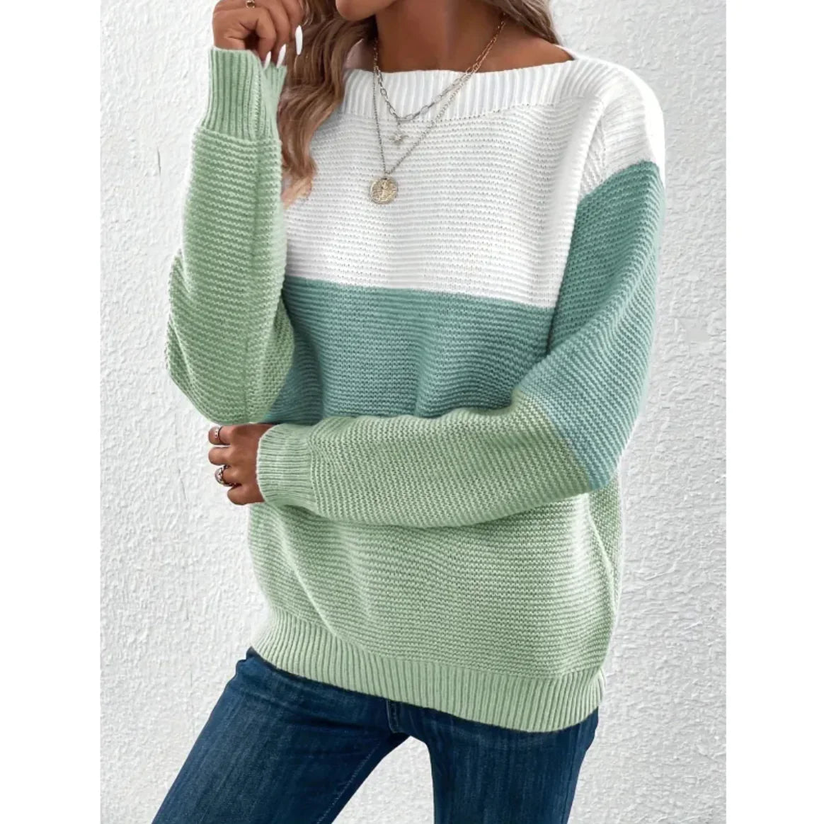 Cozy Color Block Knit Sweater – Round Neck Spliced Pullover - Kim’s Signature Beauty & Accessories