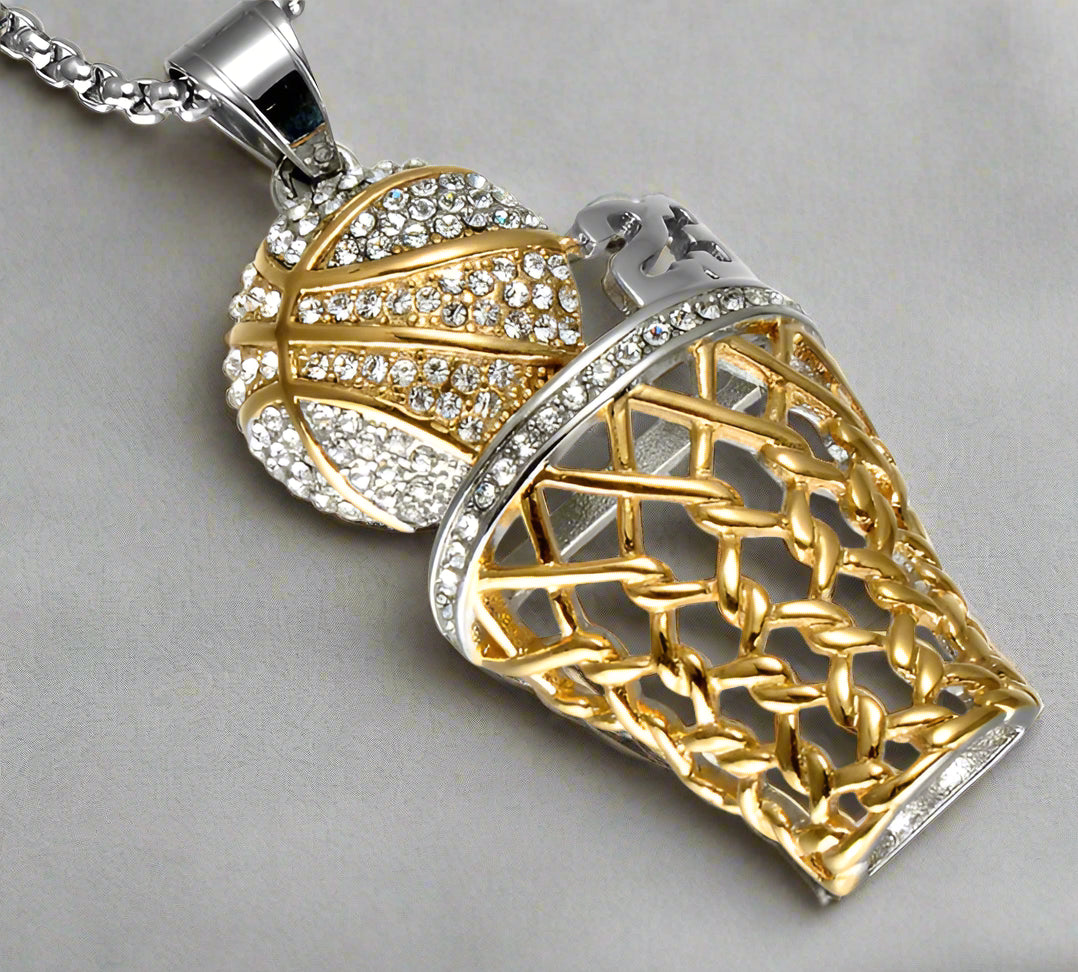 Diamond-Studded Basketball Hoop Pendant Necklace – Titanium Steel - Kim’s Signature Beauty & Accessories