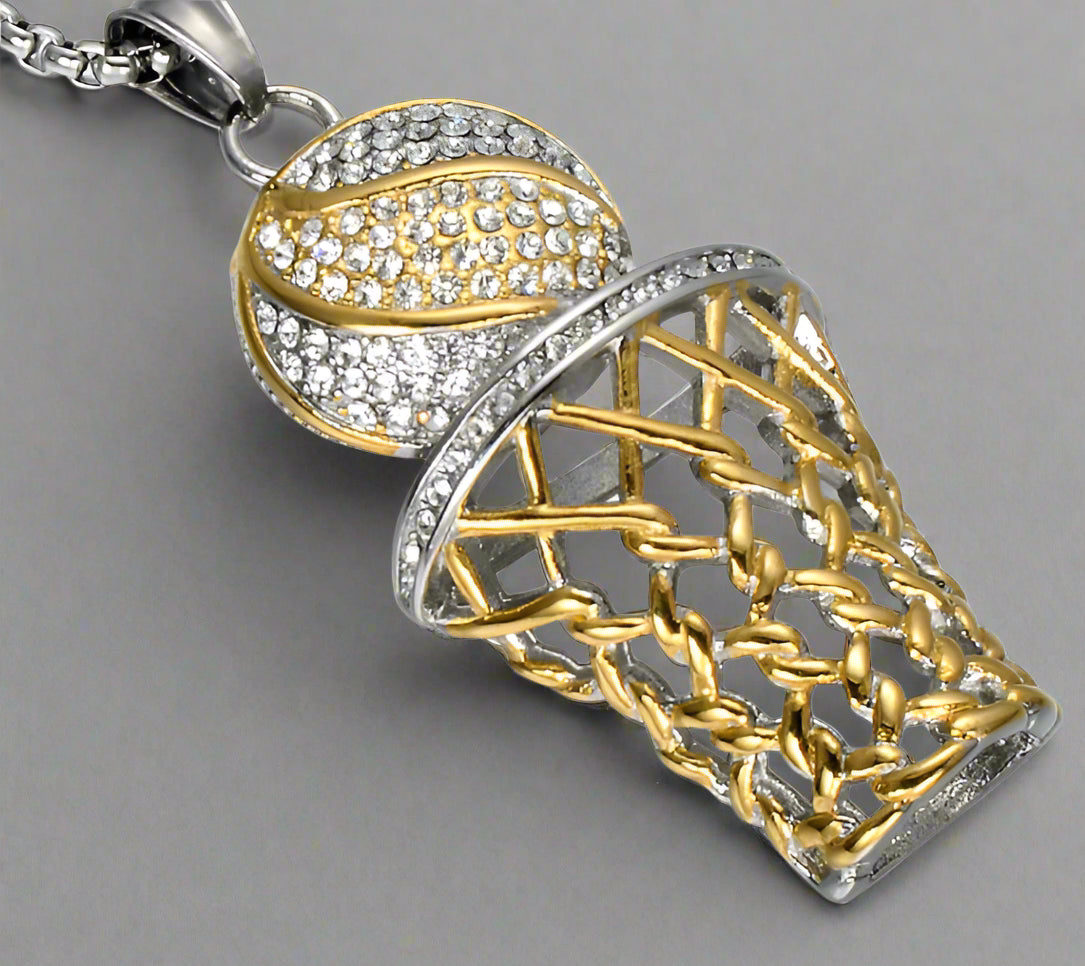 Diamond-Studded Basketball Hoop Pendant Necklace – Titanium Steel - Kim’s Signature Beauty & Accessories