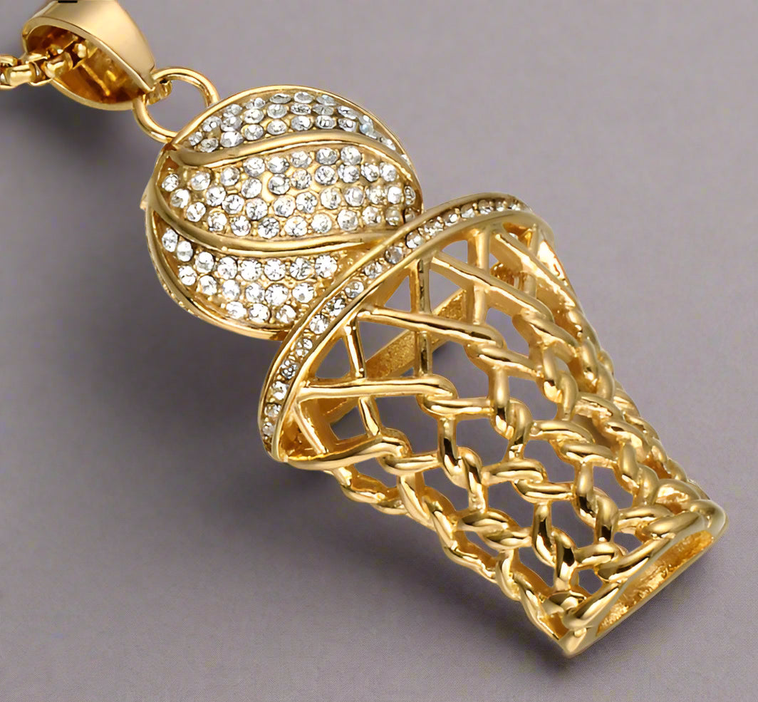 Diamond-Studded Basketball Hoop Pendant Necklace – Titanium Steel - Kim’s Signature Beauty & Accessories