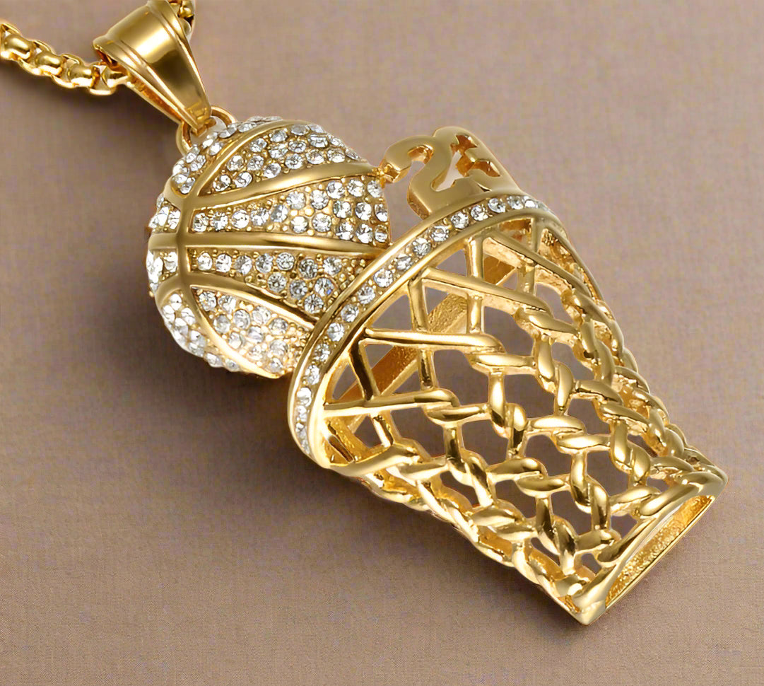 Diamond-Studded Basketball Hoop Pendant Necklace – Titanium Steel - Kim’s Signature Beauty & Accessories