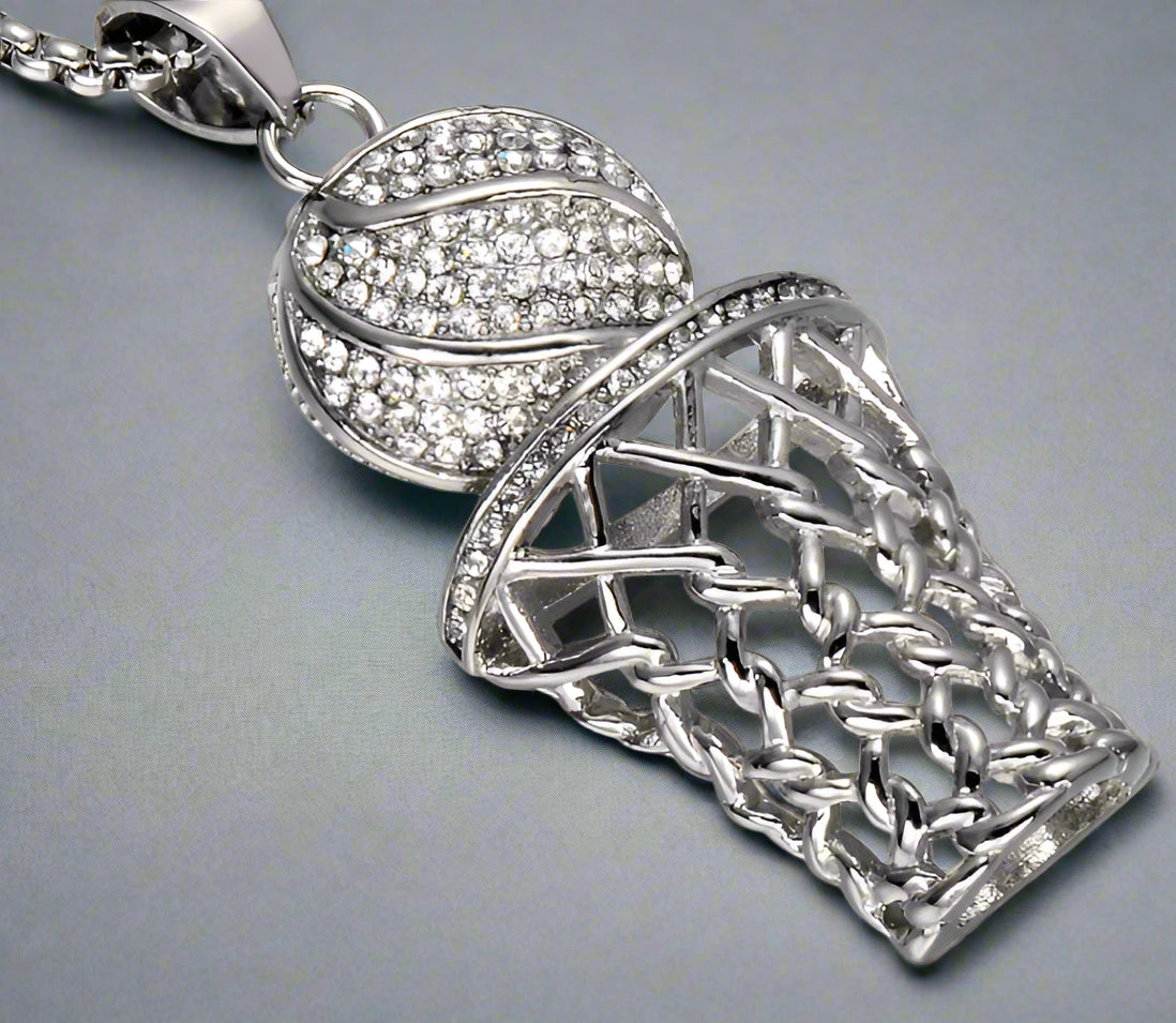 Diamond-Studded Basketball Hoop Pendant Necklace – Titanium Steel - Kim’s Signature Beauty & Accessories