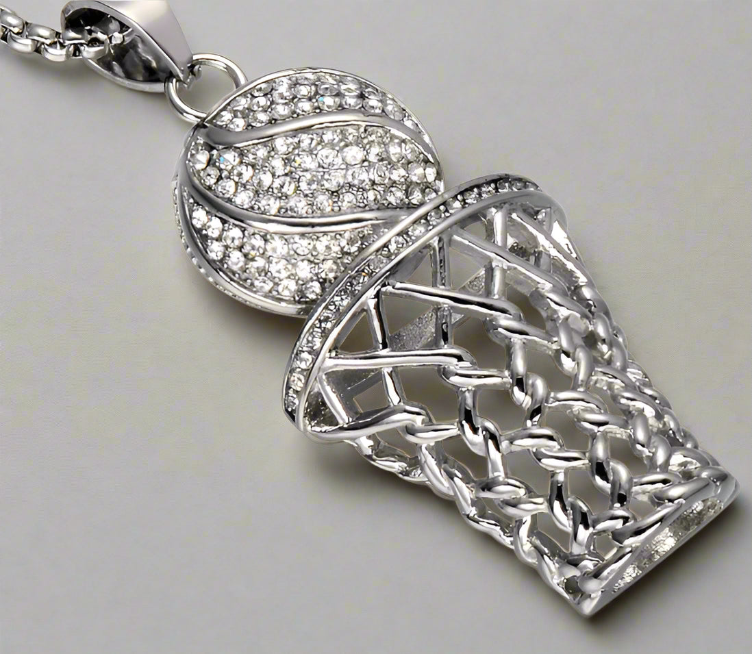 Diamond-Studded Basketball Hoop Pendant Necklace – Titanium Steel - Kim’s Signature Beauty & Accessories