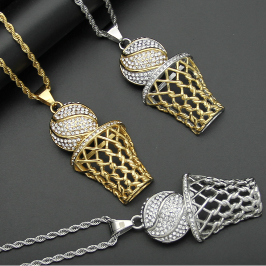 Diamond-Studded Basketball Hoop Pendant Necklace – Titanium Steel - Kim’s Signature Beauty & Accessories
