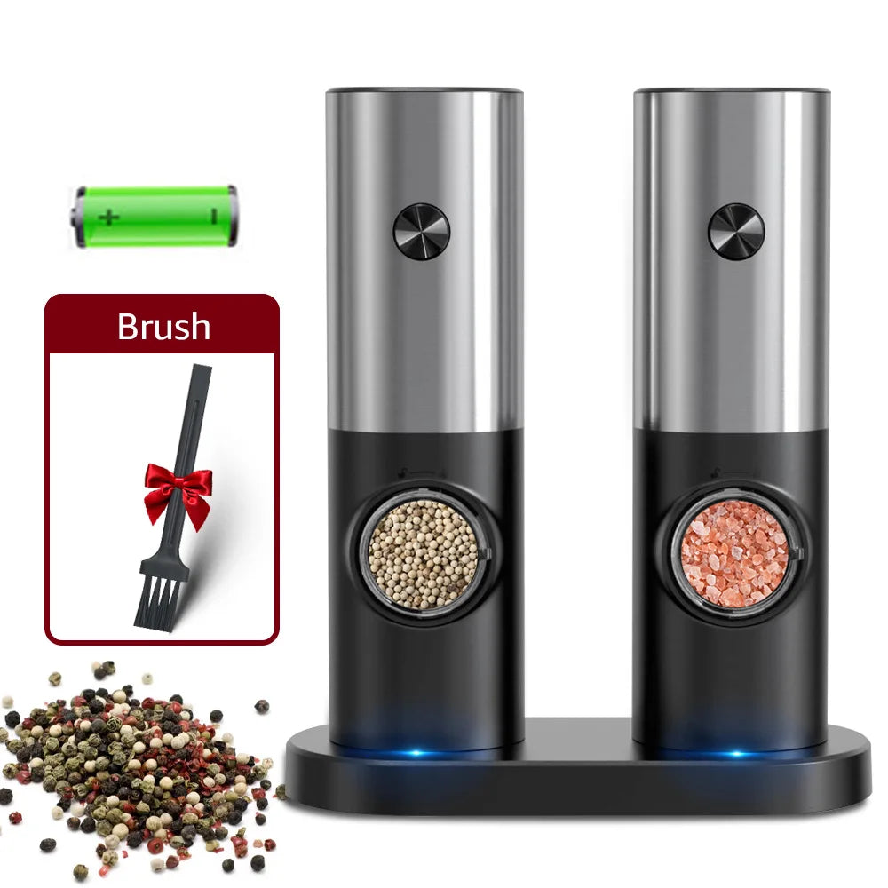 Electric Automatic Mill Pepper And Salt Grinder With Base Set Battery Powered With LED Light Adjustable Coarseness Kitchen Tool - Kim’s Signature Beauty & Accessories