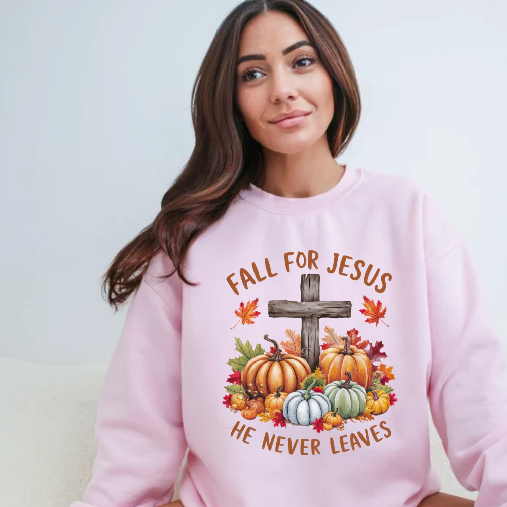 Fall for Jesus – He Never Leaves Sweatshirt - Kim’s Signature Beauty & Accessories (Store description)