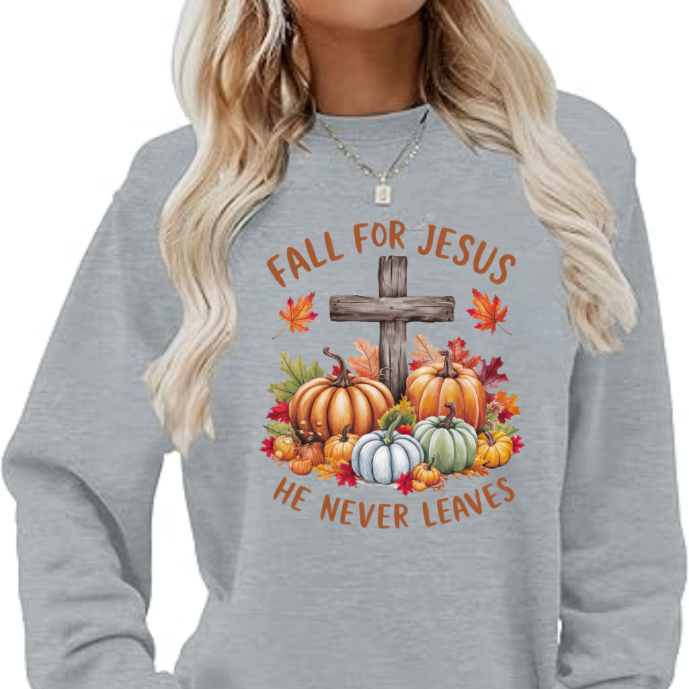 Fall for Jesus – He Never Leaves Sweatshirt - Kim’s Signature Beauty & Accessories (Store description)