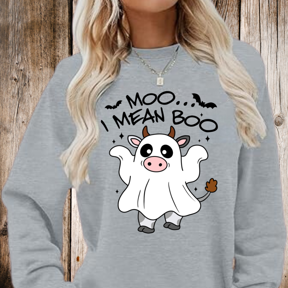 Moo, I Mean Boo Ghost Sweatshirt - Kim’s Signature Beauty & Accessories