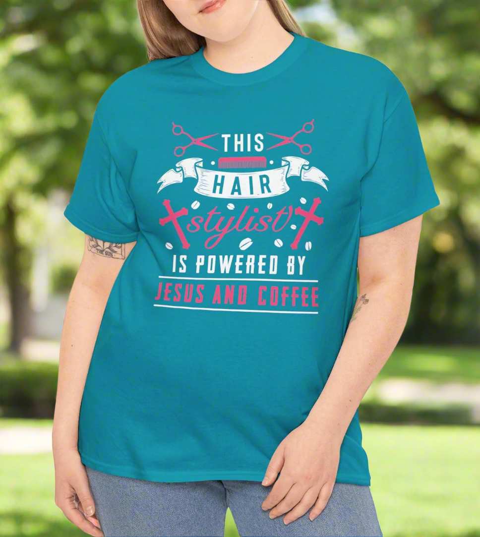 Hair Stylist T-Shirt – Powered by Faith & Coffee - Kim’s Signature Beauty & Accessories