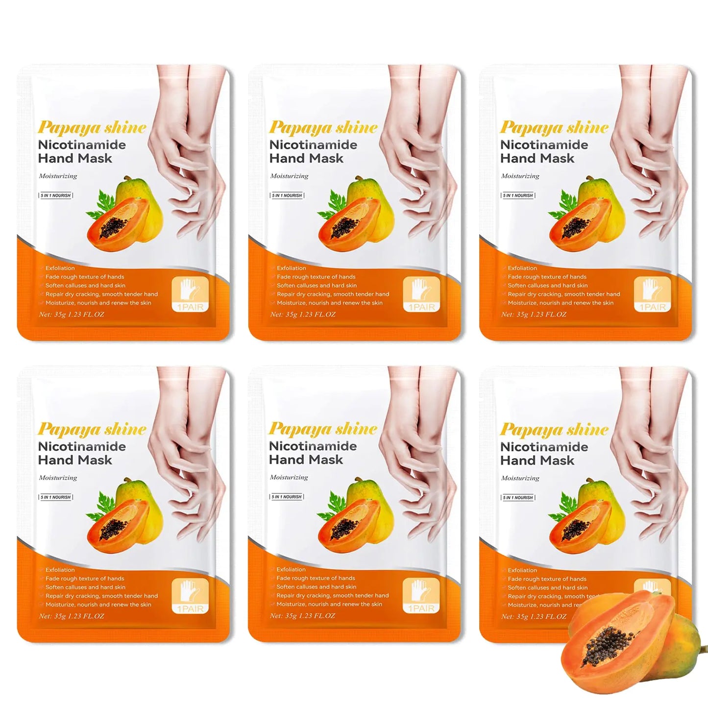Papaya Shine Nicotinamide Hand Mask – 6-Pack Deep Moisturizing Gloves - Kim’s Signature Beauty & Accessories