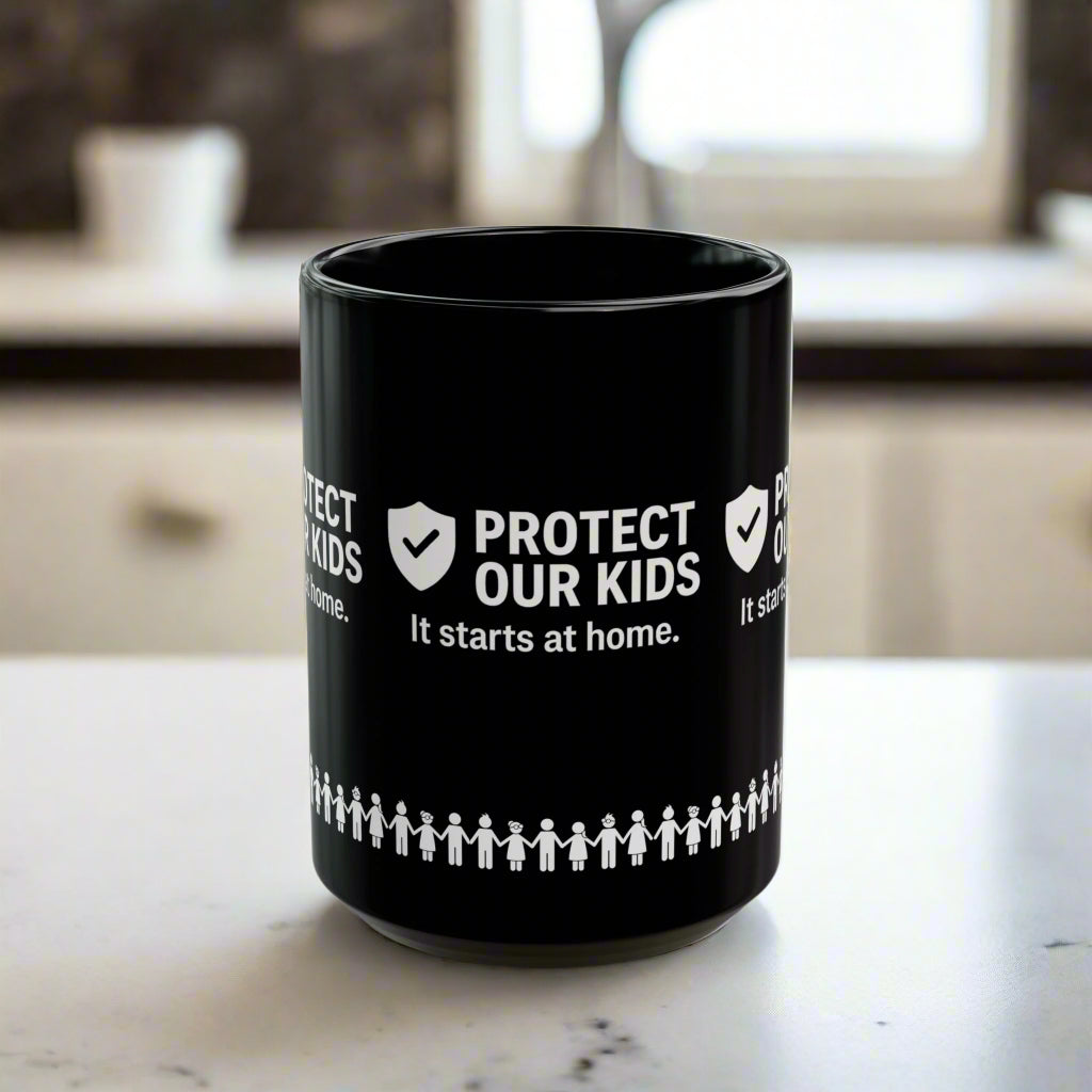 Protect Our Kids Black Mug – Child Safety Awareness Ceramic Cup - Kim’s Signature Beauty & Accessories