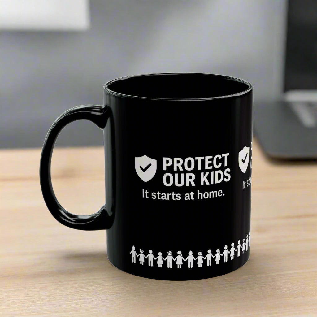 Protect Our Kids Black Mug – Child Safety Awareness Ceramic Cup - Kim’s Signature Beauty & Accessories