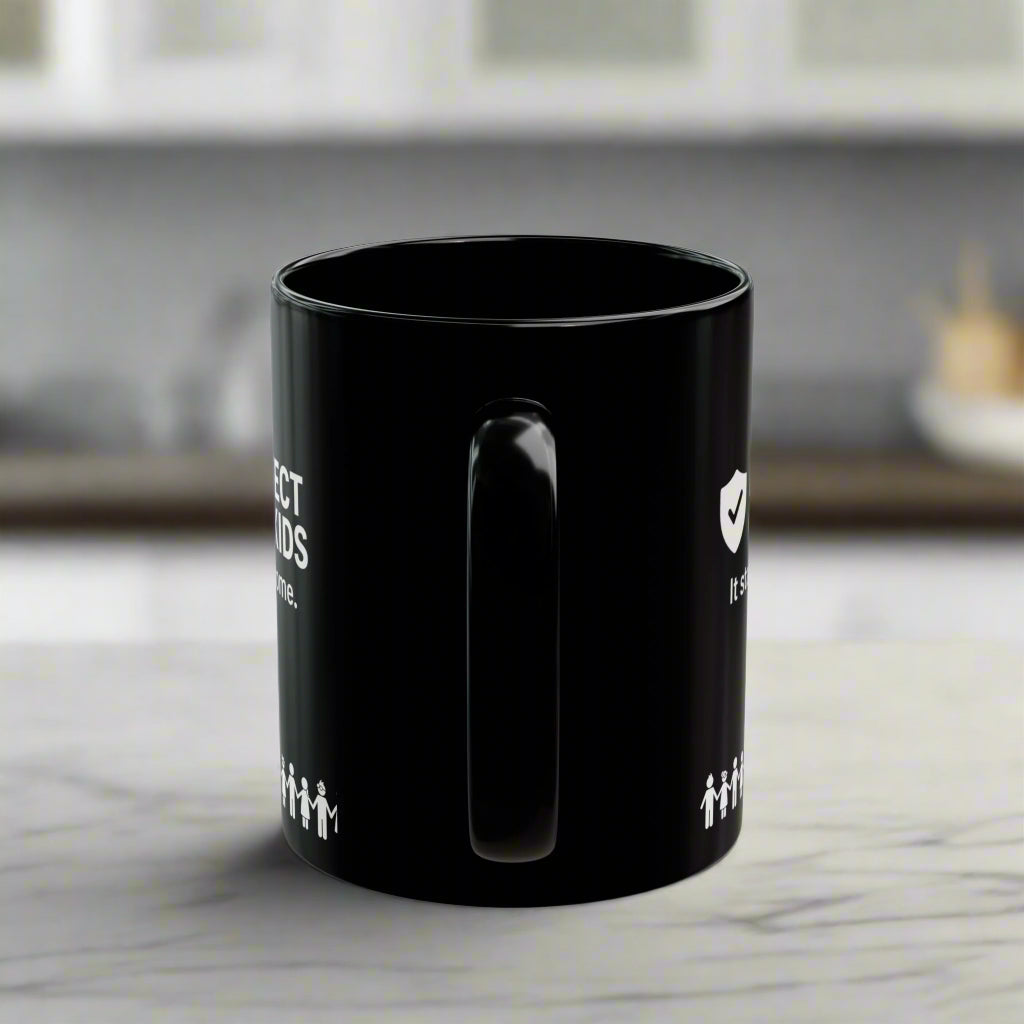Protect Our Kids Black Mug – Child Safety Awareness Ceramic Cup - Kim’s Signature Beauty & Accessories