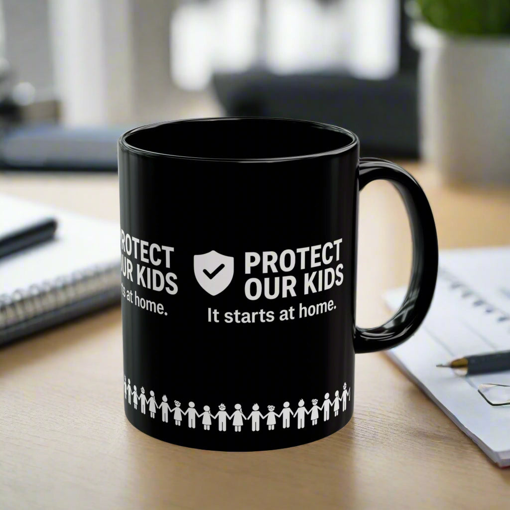 Protect Our Kids Black Mug – Child Safety Awareness Ceramic Cup - Kim’s Signature Beauty & Accessories