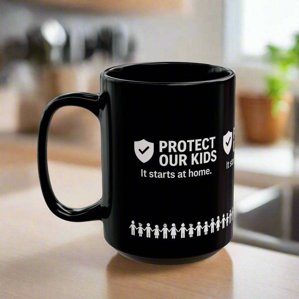 Protect Our Kids Black Mug – Child Safety Awareness Ceramic Cup - Kim’s Signature Beauty & Accessories