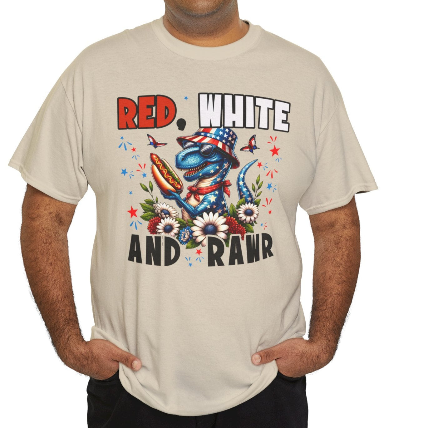 Red, White & Rawr – Hotdog Dinosaur Patriotic Unisex Tee - Kim’s Signature Beauty & Accessories
