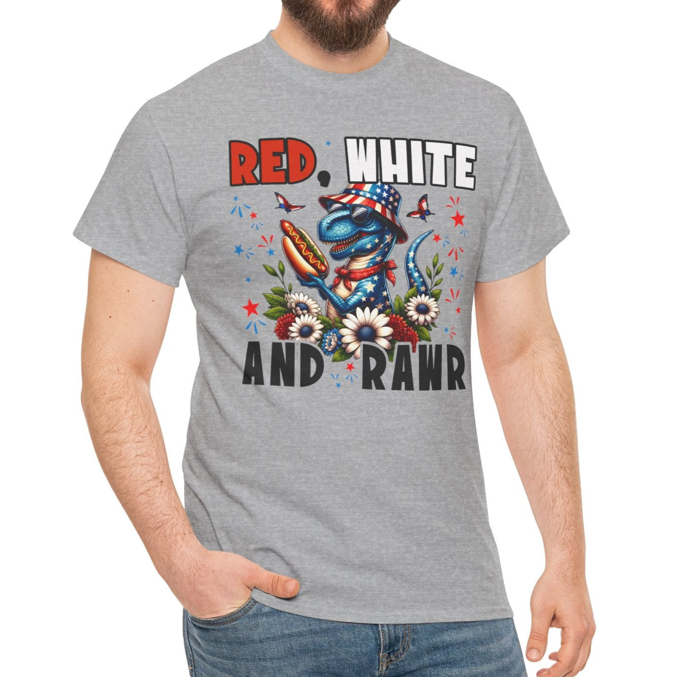 Red, White & Rawr – Hotdog Dinosaur Patriotic Unisex Tee - Kim’s Signature Beauty & Accessories