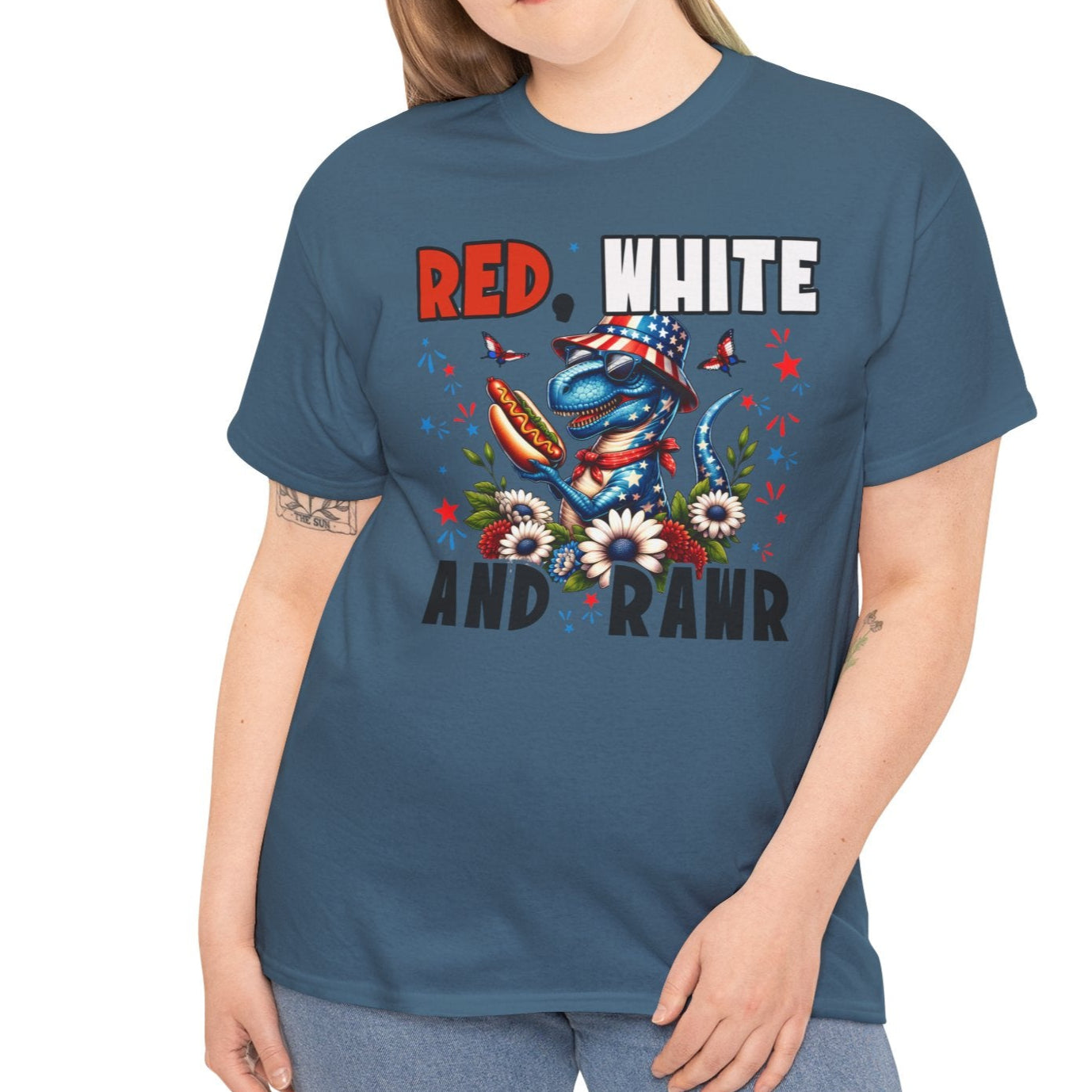 Red, White & Rawr – Hotdog Dinosaur Patriotic Unisex Tee - Kim’s Signature Beauty & Accessories