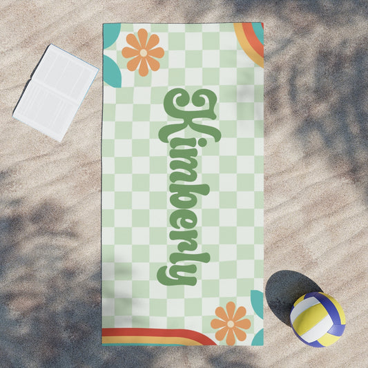 Retro Personalized Beach Towel – Floral Checkerboard Design - Kim’s Signature Beauty & Accessories