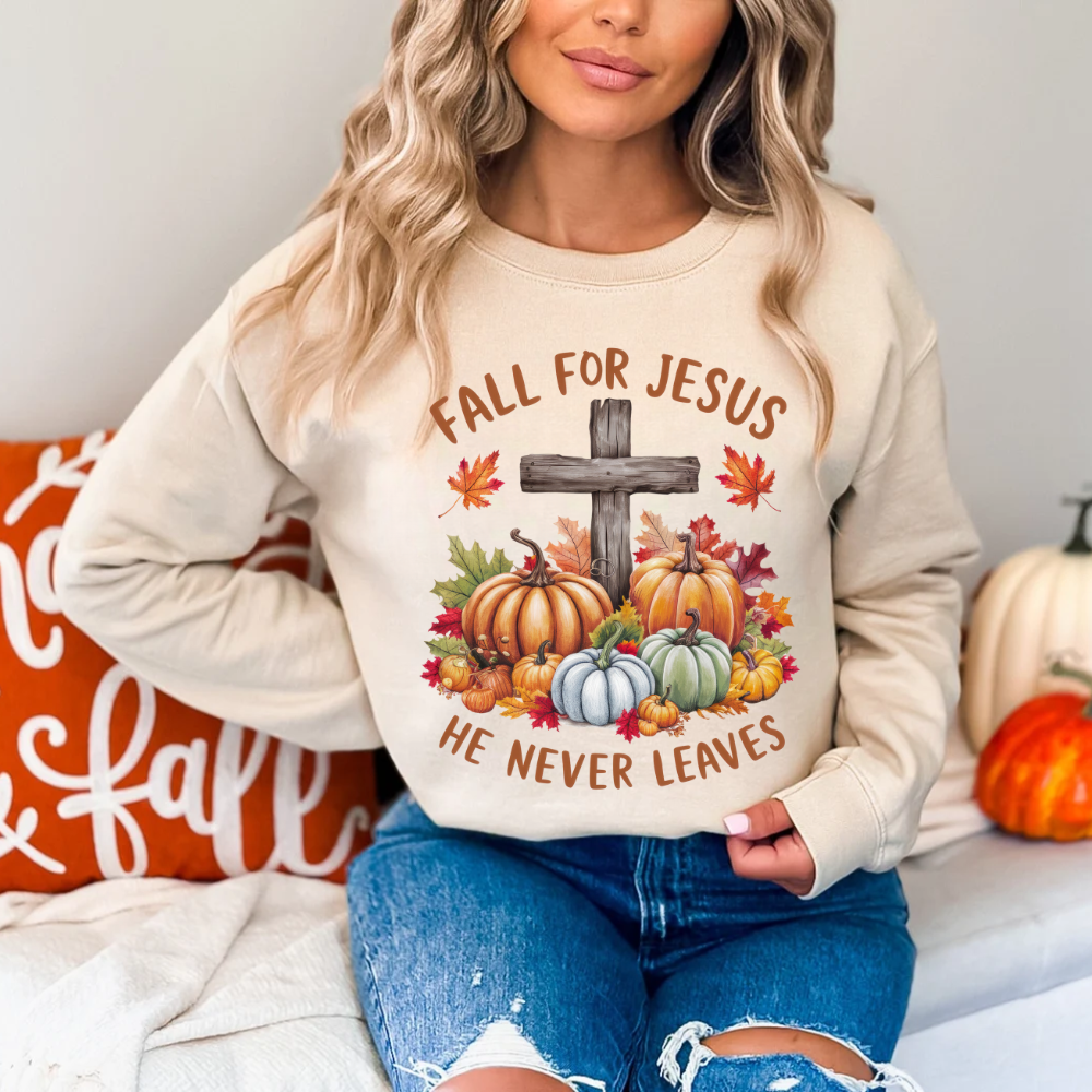 Fall for Jesus – He Never Leaves Sweatshirt - Kim’s Signature Beauty & Accessories (Store description)