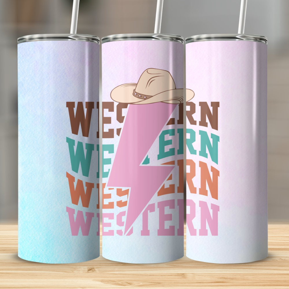 Western | Skinny Tumbler with Straw, 20oz - Kim’s Signature Beauty & Accessories (Store description)