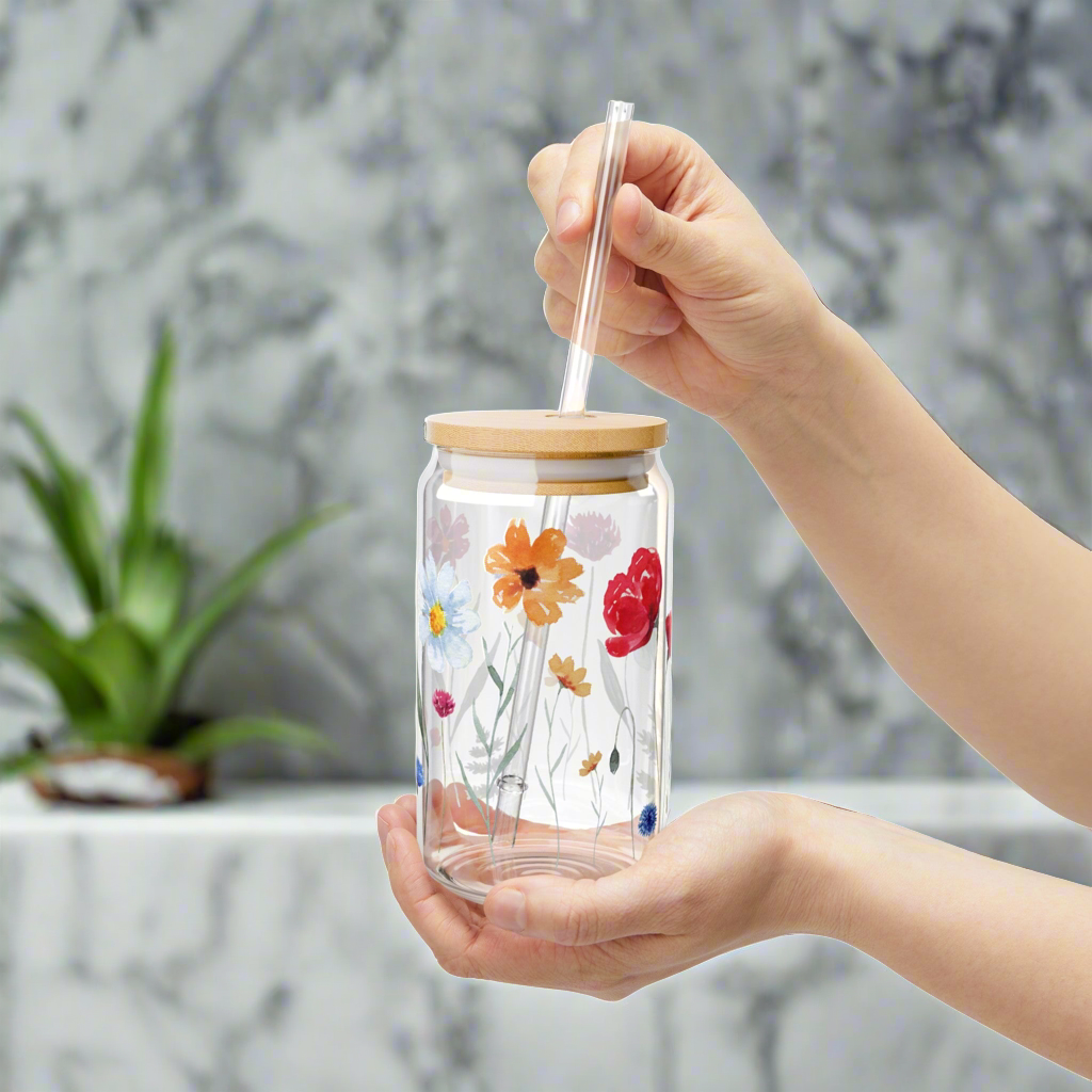 Summer Flowers Sipper Glass, 16oz - Kim’s Signature Beauty & Accessories