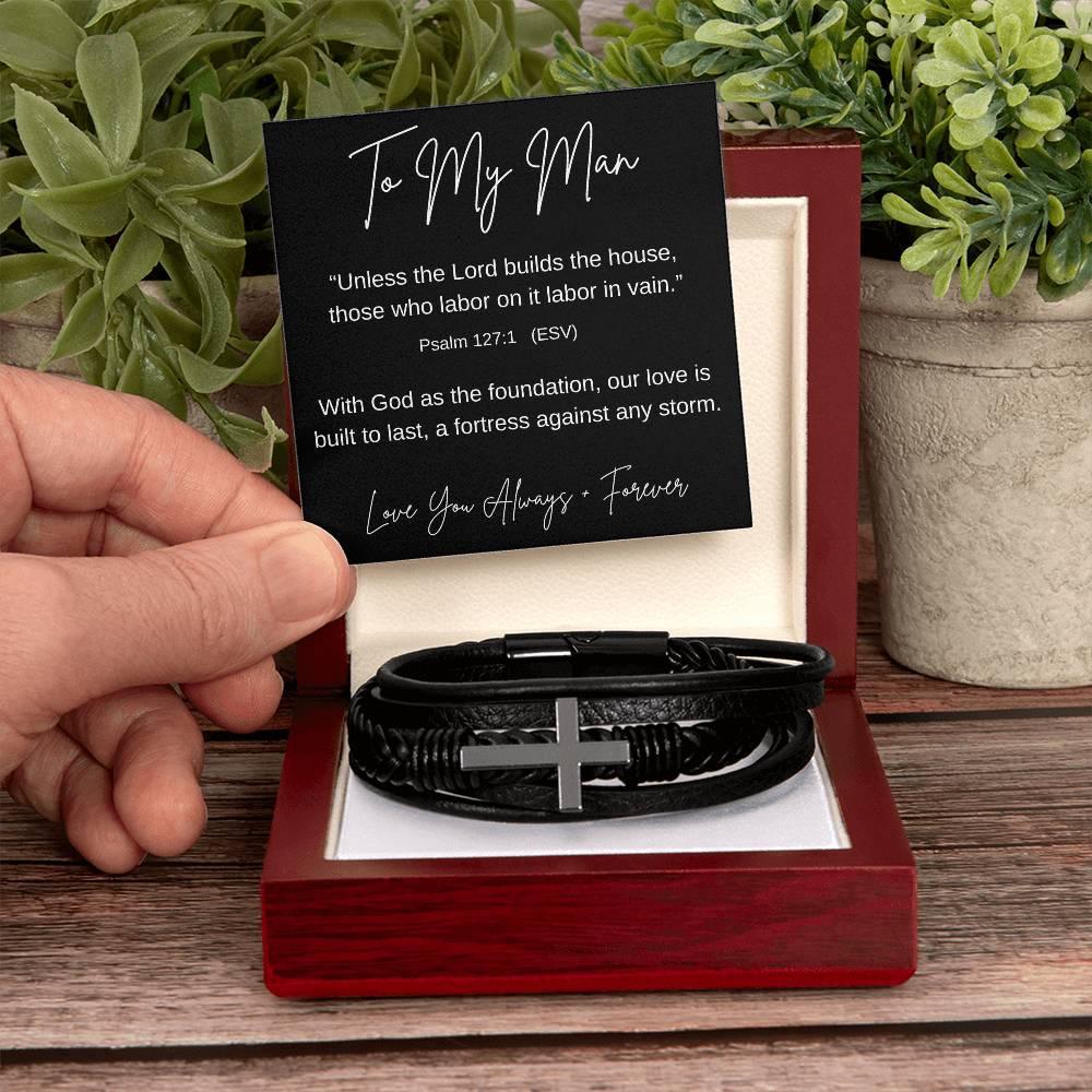 To My Man | Leather Cross Bracelet | Psalm 127:1 - Kim’s Signature Beauty & Accessories