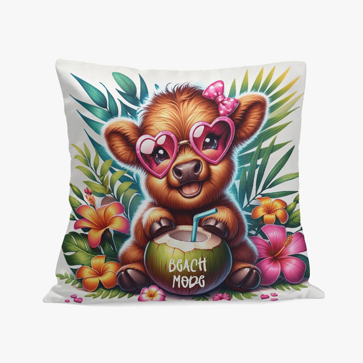 Tropical Highland Cow Beach Mode Pillow Cover - Kim’s Signature Beauty & Accessories