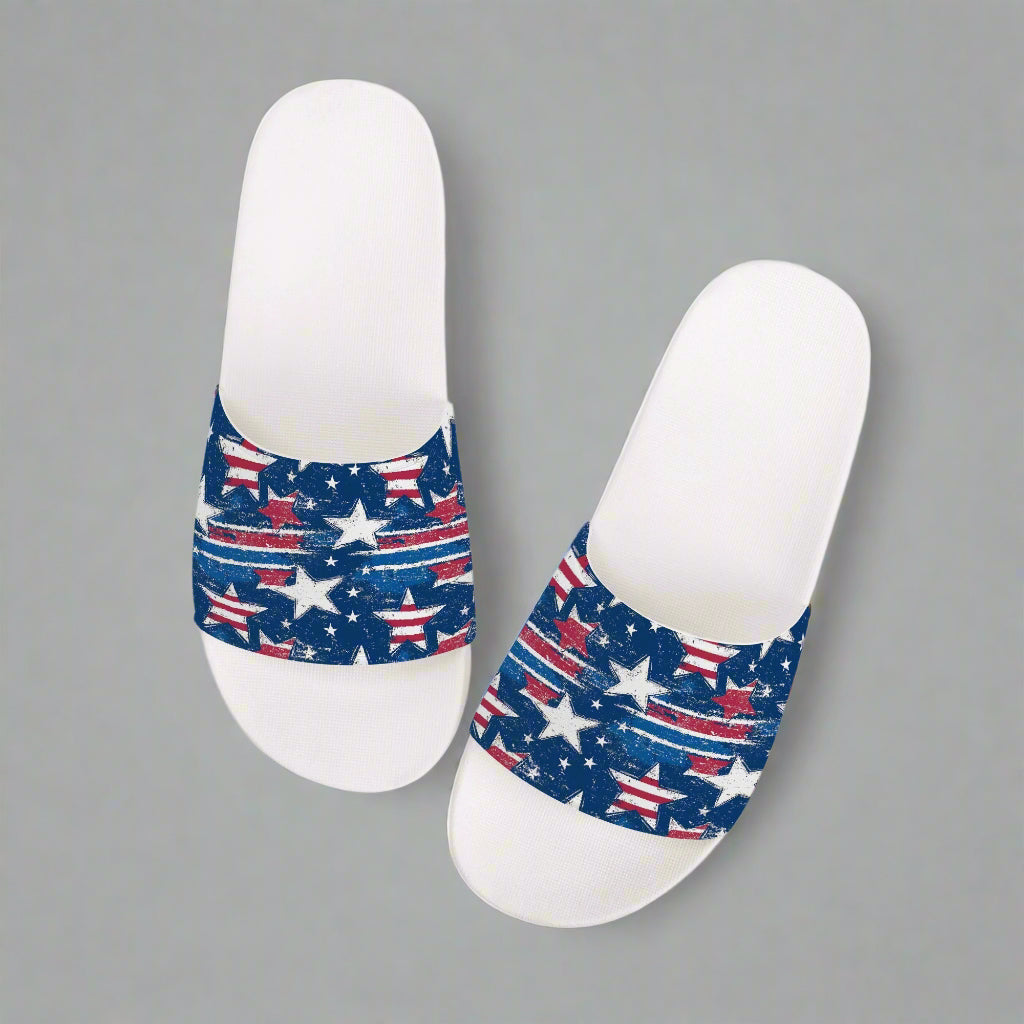 White Patriotic Stripe Star Slides – Red, White & Blue Sandals - Kim’s Signature Beauty & Accessories