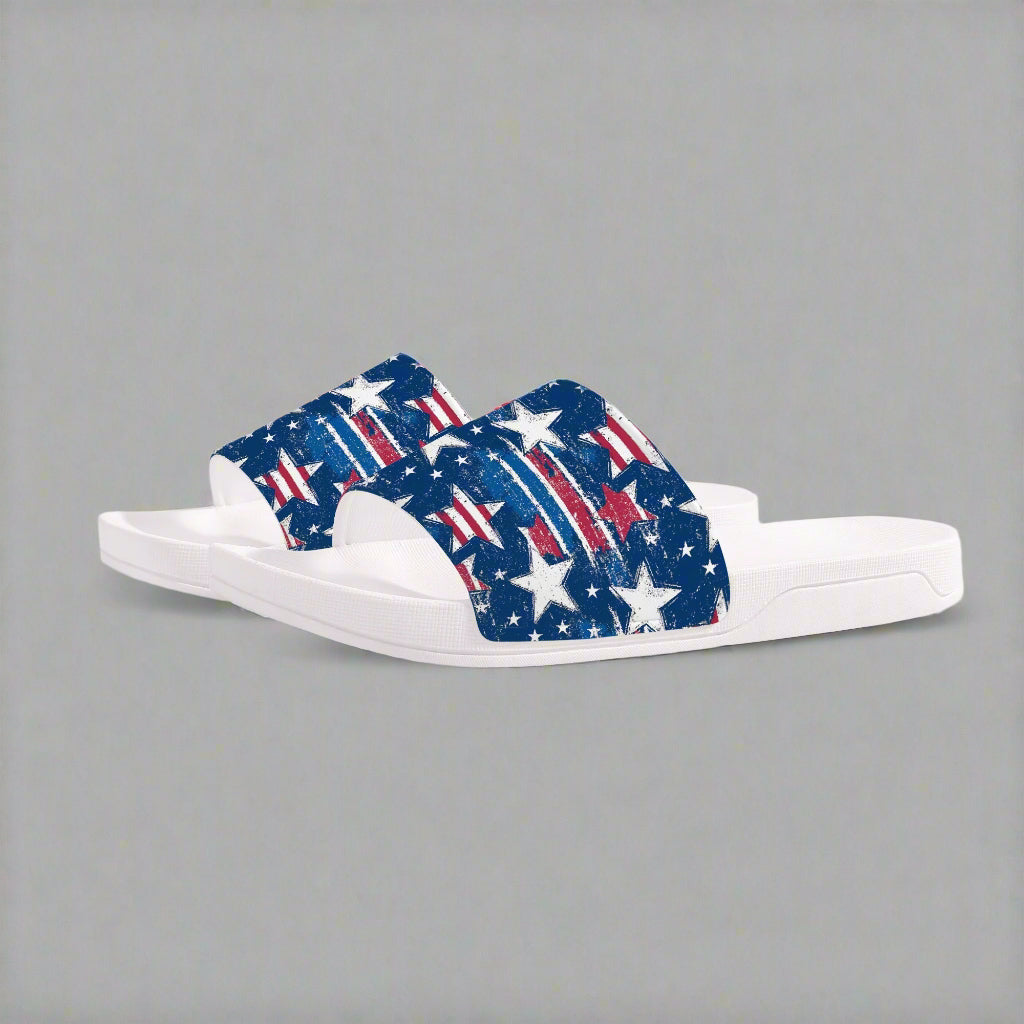 White Patriotic Stripe Star Slides – Red, White & Blue Sandals - Kim’s Signature Beauty & Accessories