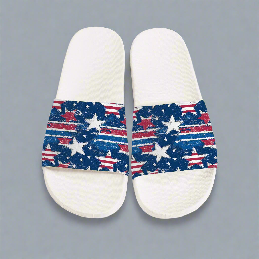 White Patriotic Stripe Star Slides – Red, White & Blue Sandals - Kim’s Signature Beauty & Accessories