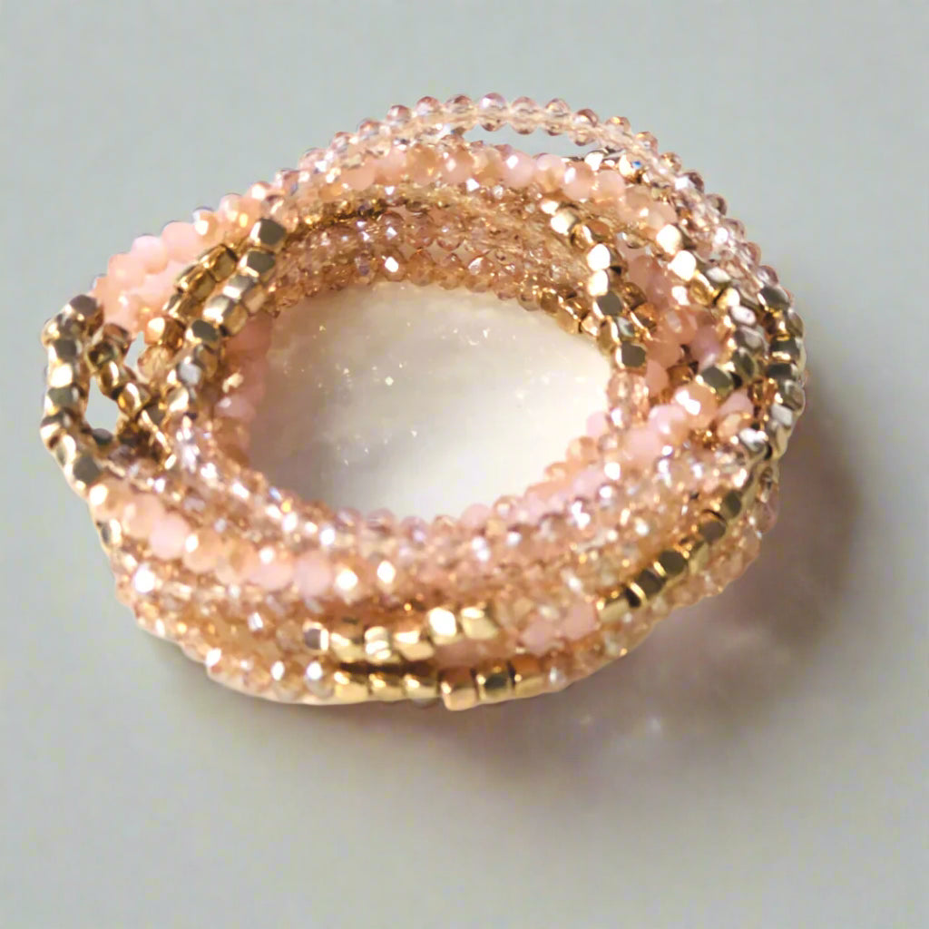 Blush & Gold Beaded Bracelet Set – Stackable Stretch Bracelets (Set of 12) - Kim’s Signature Beauty & Accessories