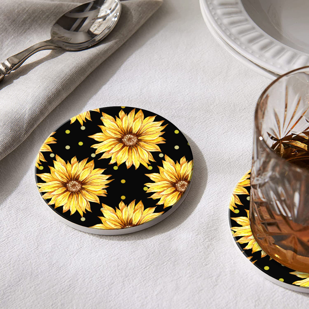 Black Coaster Set with Yellow Sunflowers - Kim’s Signature Beauty & Accessories