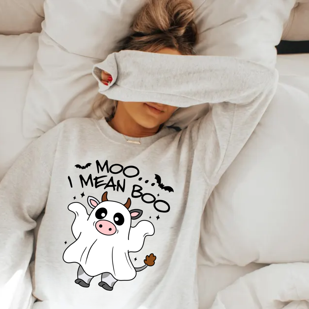 Moo, I Mean Boo Ghost Sweatshirt - Kim’s Signature Beauty & Accessories