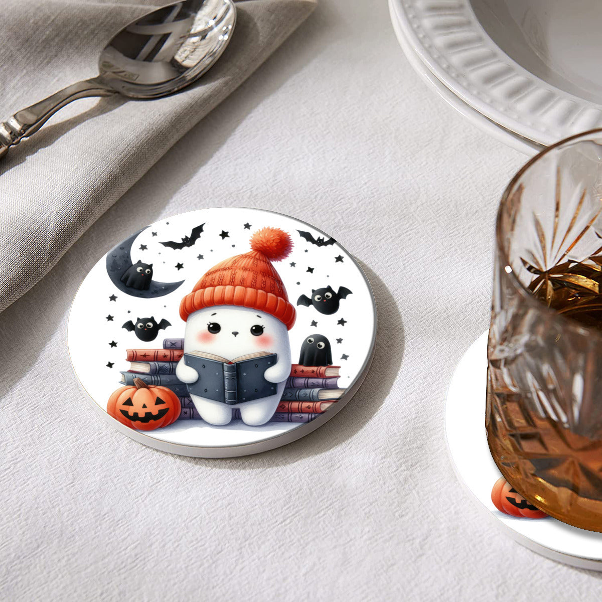 Book Reading Ghost Ceramic Coasters - Kim’s Signature Beauty & Accessories (Store description)