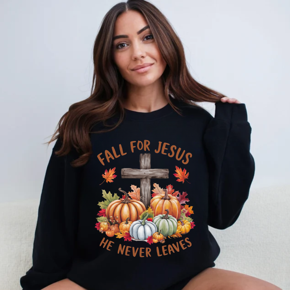 Fall for Jesus – He Never Leaves Sweatshirt - Kim’s Signature Beauty & Accessories (Store description)