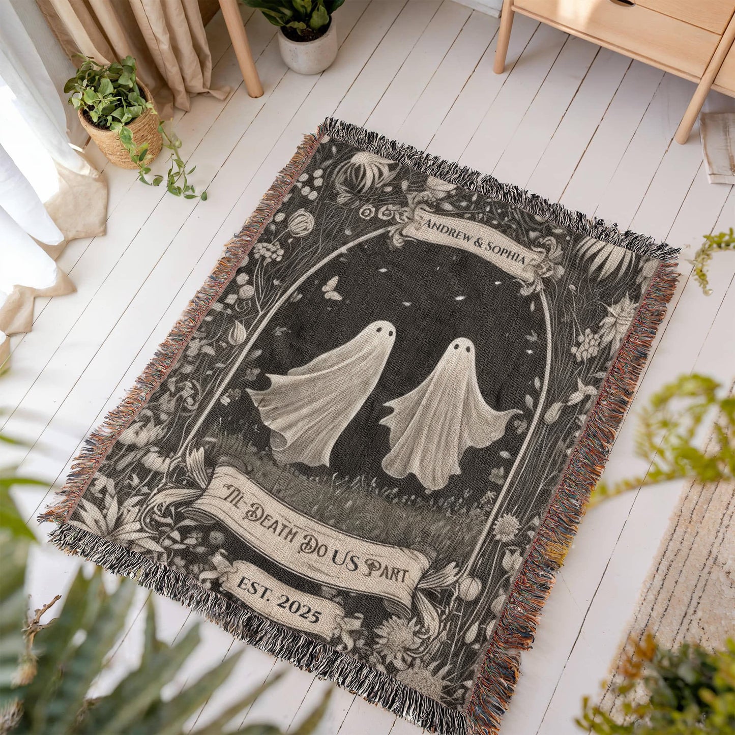 Personalized Ghost Couple “Til Death Do Us Part” Woven Blanket - Kim’s Signature Beauty & Accessories (Store description)