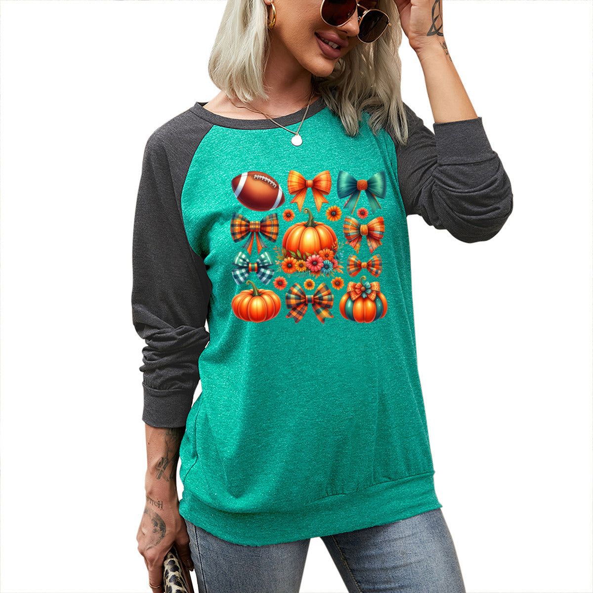 Football, Pumpkins & Bows Long Sleeve Tee - Kim’s Signature Beauty & Accessories (Store description)