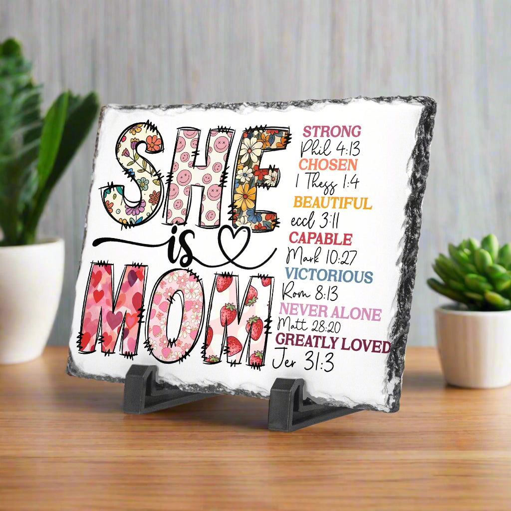 She is Mom – Floral Scripture-Inspired Slate Plaque - Kim’s Signature Beauty & Accessories (Store description)