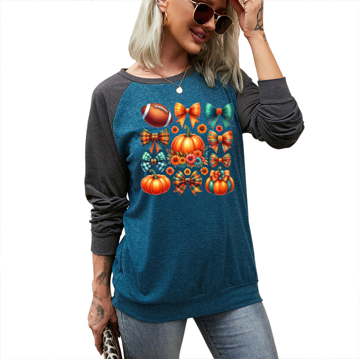Football, Pumpkins & Bows Long Sleeve Tee - Kim’s Signature Beauty & Accessories (Store description)