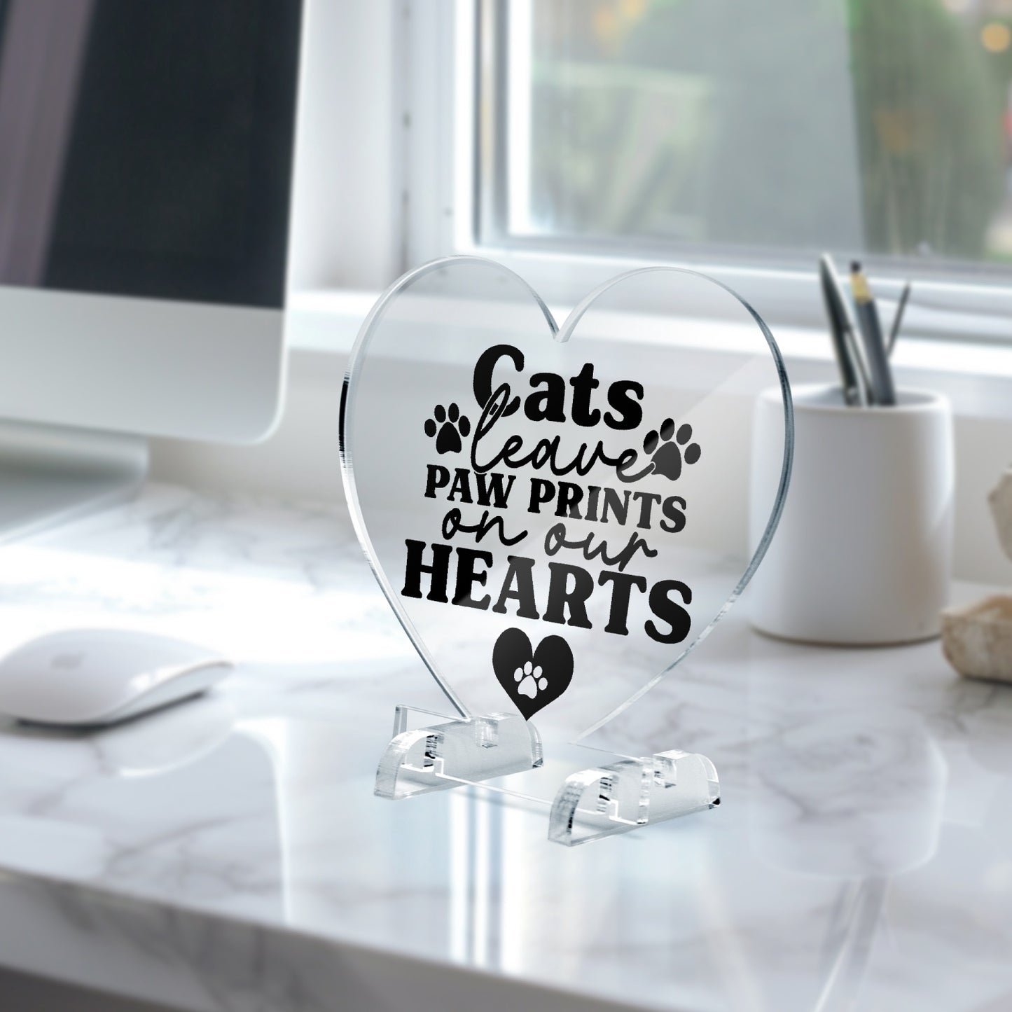 Cats Leave Paw Prints Acrylic Plaque with Stand - Heart - Kim’s Signature Beauty & Accessories (Store description)