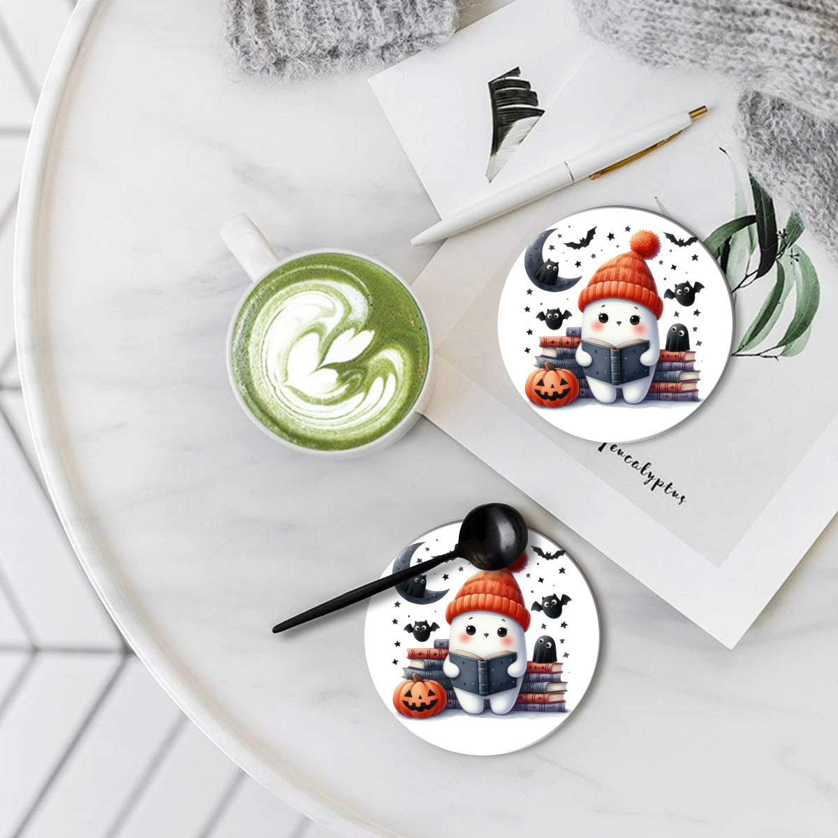 Book Reading Ghost Ceramic Coasters - Kim’s Signature Beauty & Accessories (Store description)