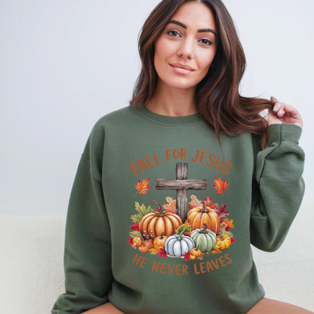 Fall for Jesus – He Never Leaves Sweatshirt - Kim’s Signature Beauty & Accessories (Store description)