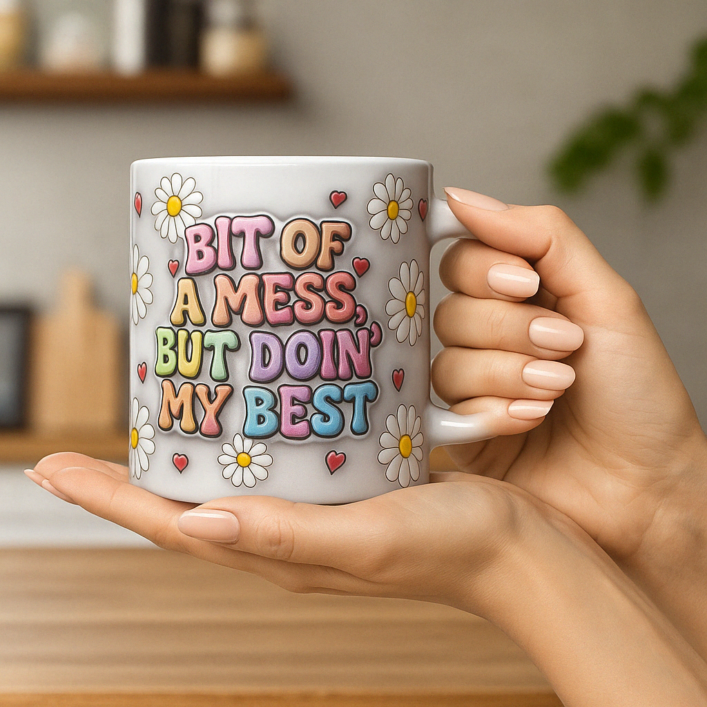 Bit of a Mess But Doin’ My Best – Funny & Real 3D Mug - Kim’s Signature Beauty & Accessories (Store description)