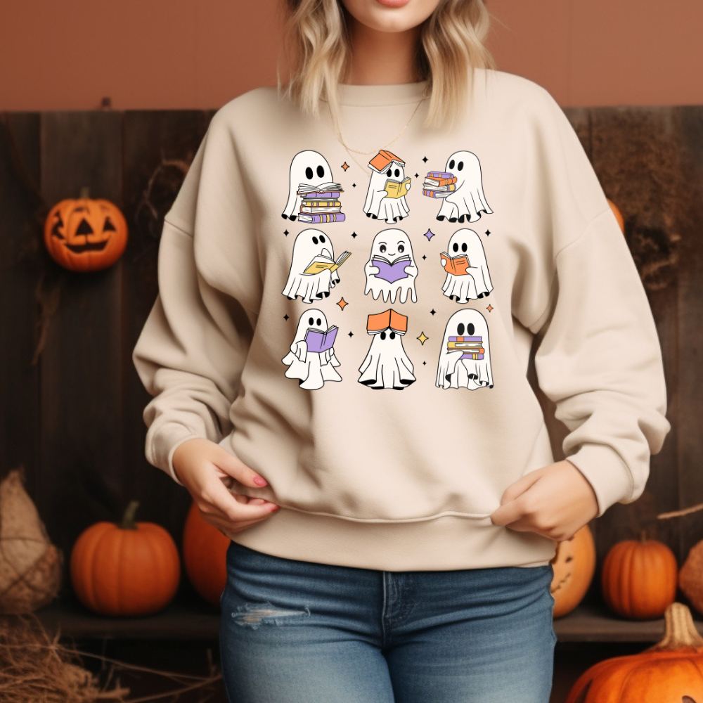 Bookish Boos - Cozy Ghost Readers Sweatshirt - Kim’s Signature Beauty & Accessories (Store description)